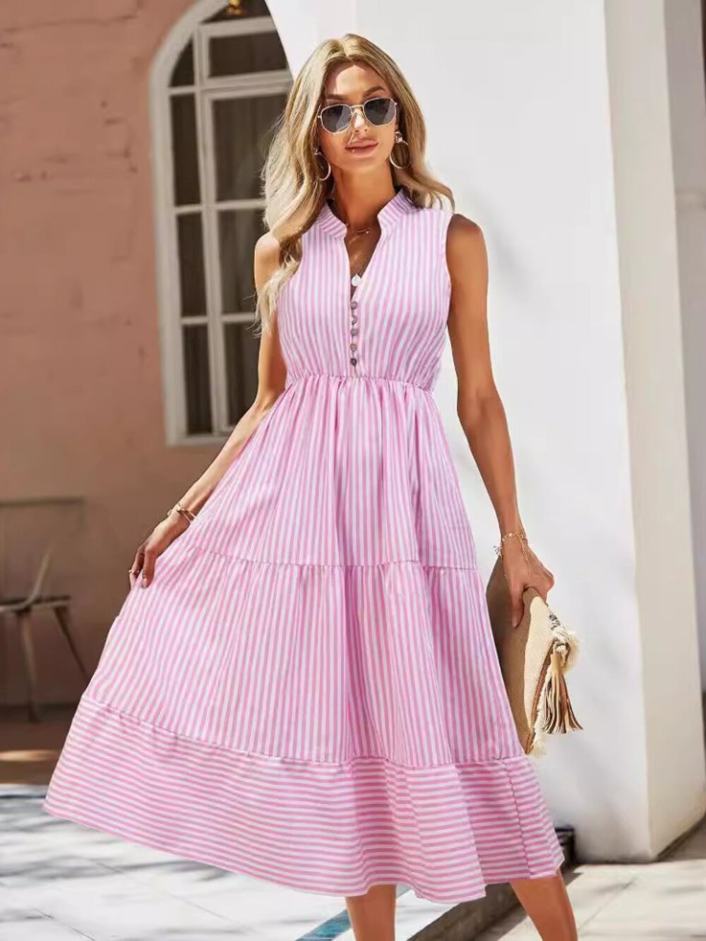 Women's Pink Striped V-Neck Puff-Sleeve Tiered Midi Dress